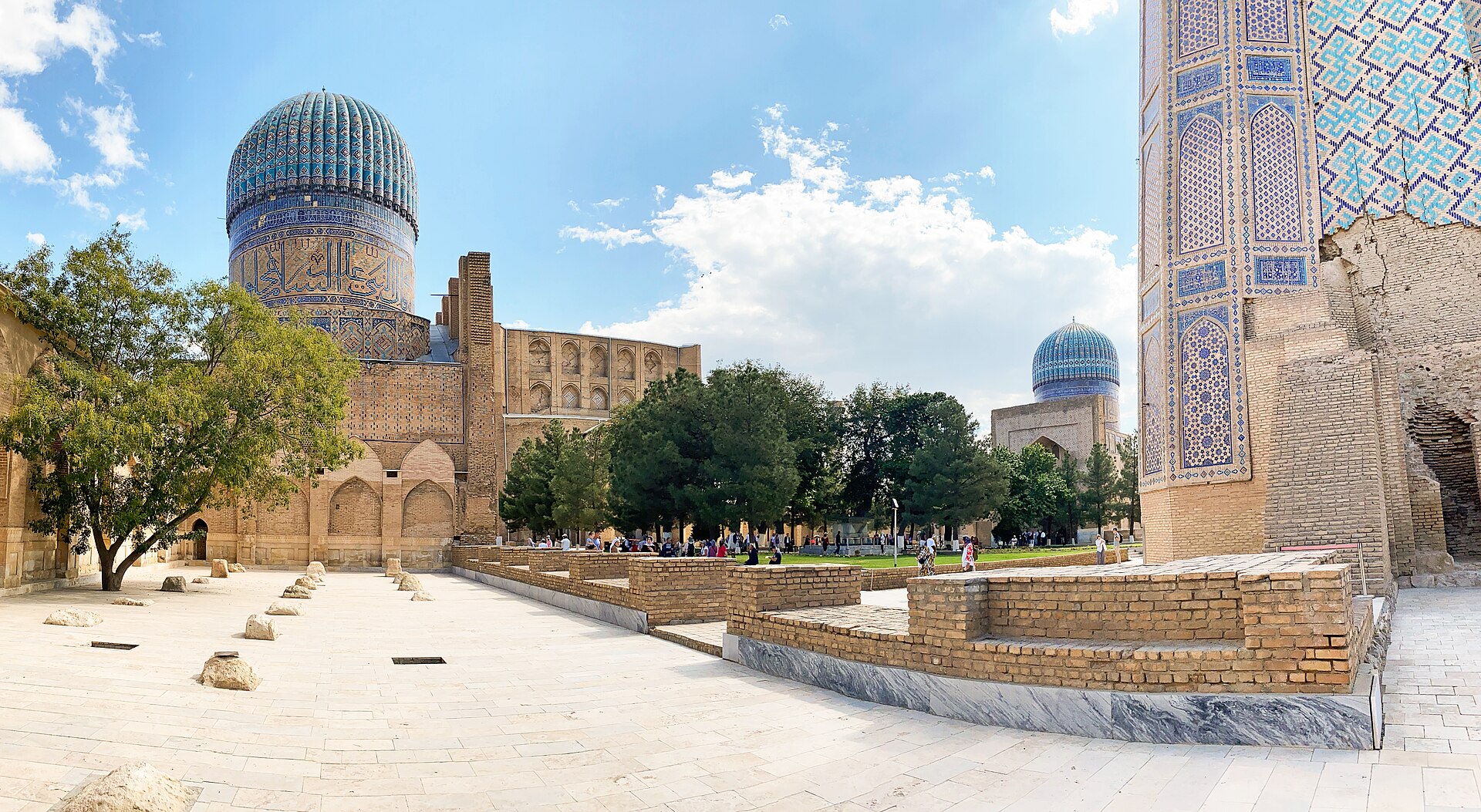 The tiled portal and dome of the historic Bibi-Khanym Mosque in Samarkand